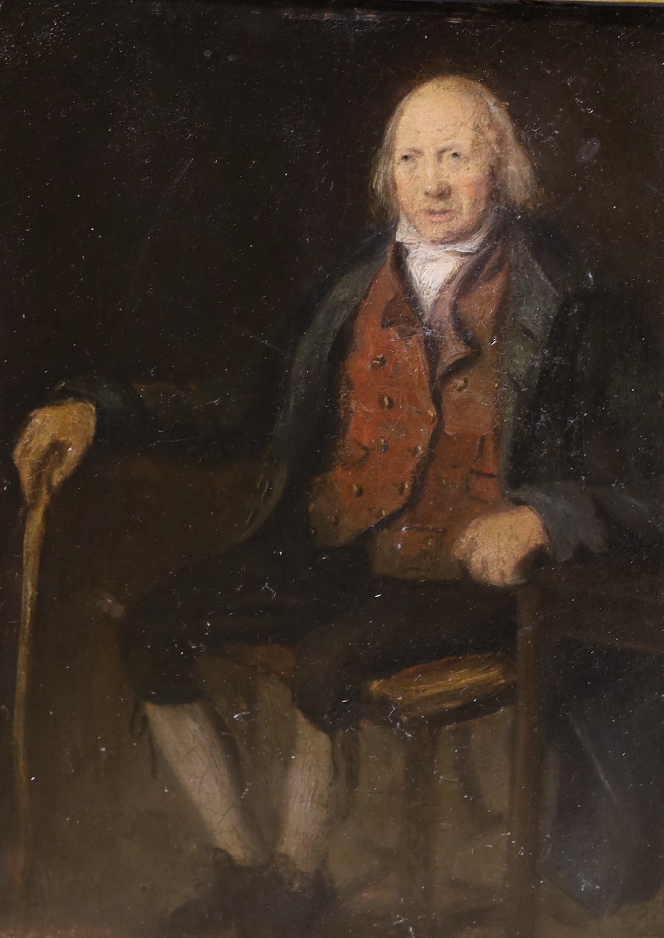 19th century English School, oil on millboard, Full length portrait of a seated gentleman, 32 x 25cm